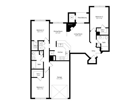 Floor plan for 3 beds, 2 baths, 1324 sqft